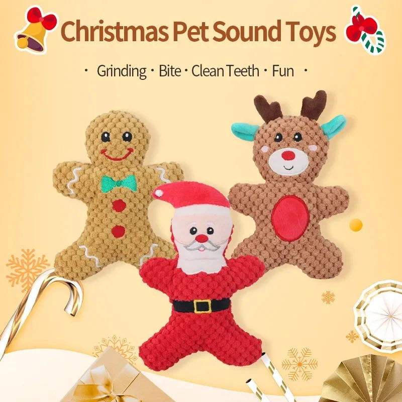Xmas Pet Dog Plush Chew Toy Santa Elk Gingerbread Man Donut Cat Dog Christmas Series Cartoon Dog Toy Plush Squeak Toy Cookies 241125
