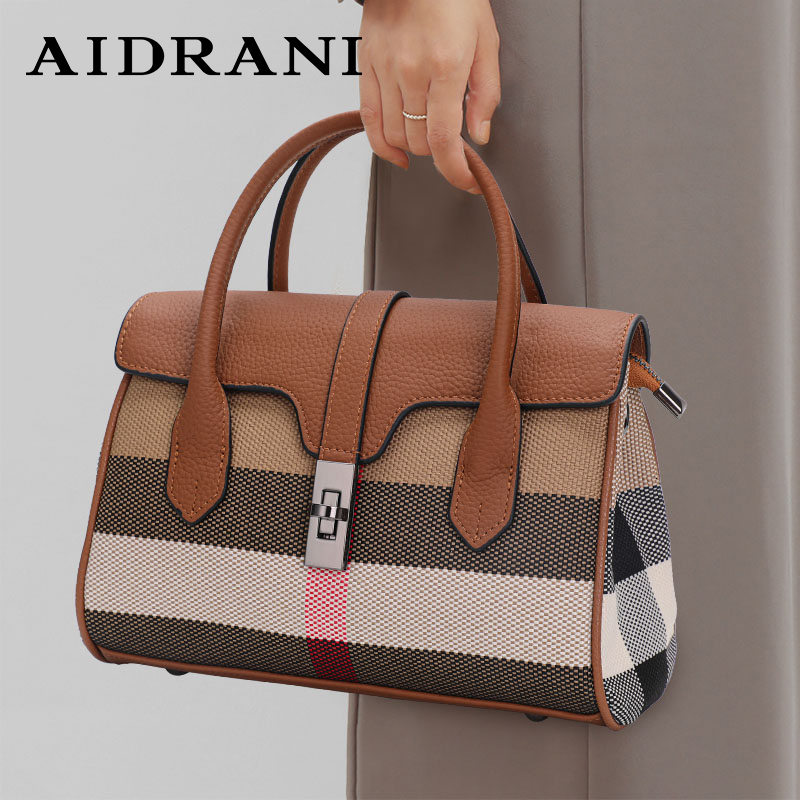 New Plaid Women's Designer Large Capacity Handbag Canvas Patchwork Cowhide Shoulder Bag Boston Bag Crossbody Bag