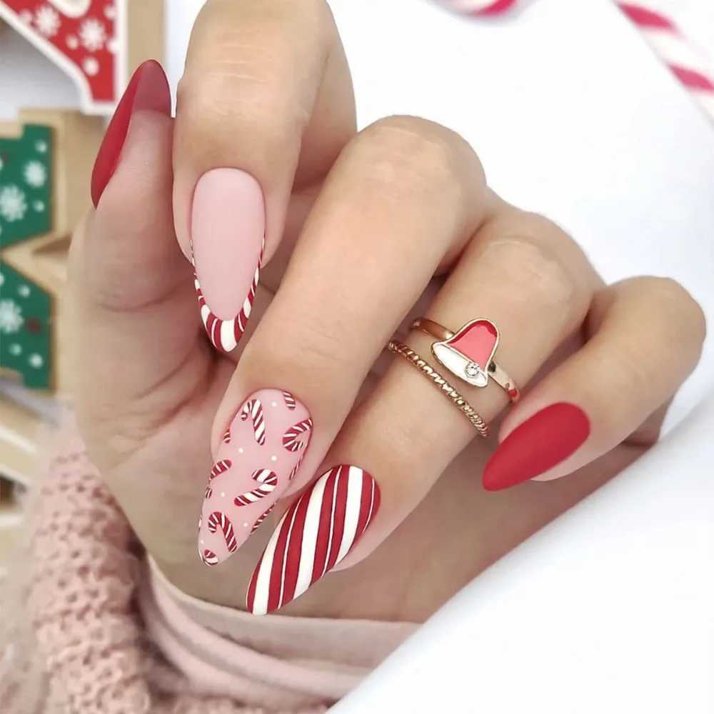 24 Almond Christmas French Ballet Fake Nails Detachable and Wearable Ergonomic Extension Full Set of Fake Nails Pressed on Girls NailsW241125