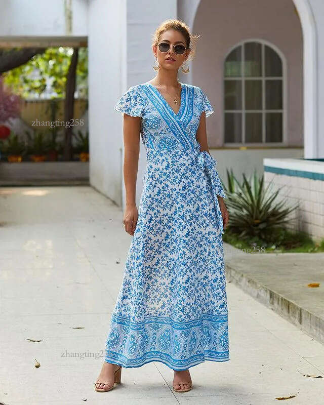 Sexy V-neck Split Floral Maxi Dress Boho Casual Long Chiffon Summer Beach Dress Women Beauty Vestidos