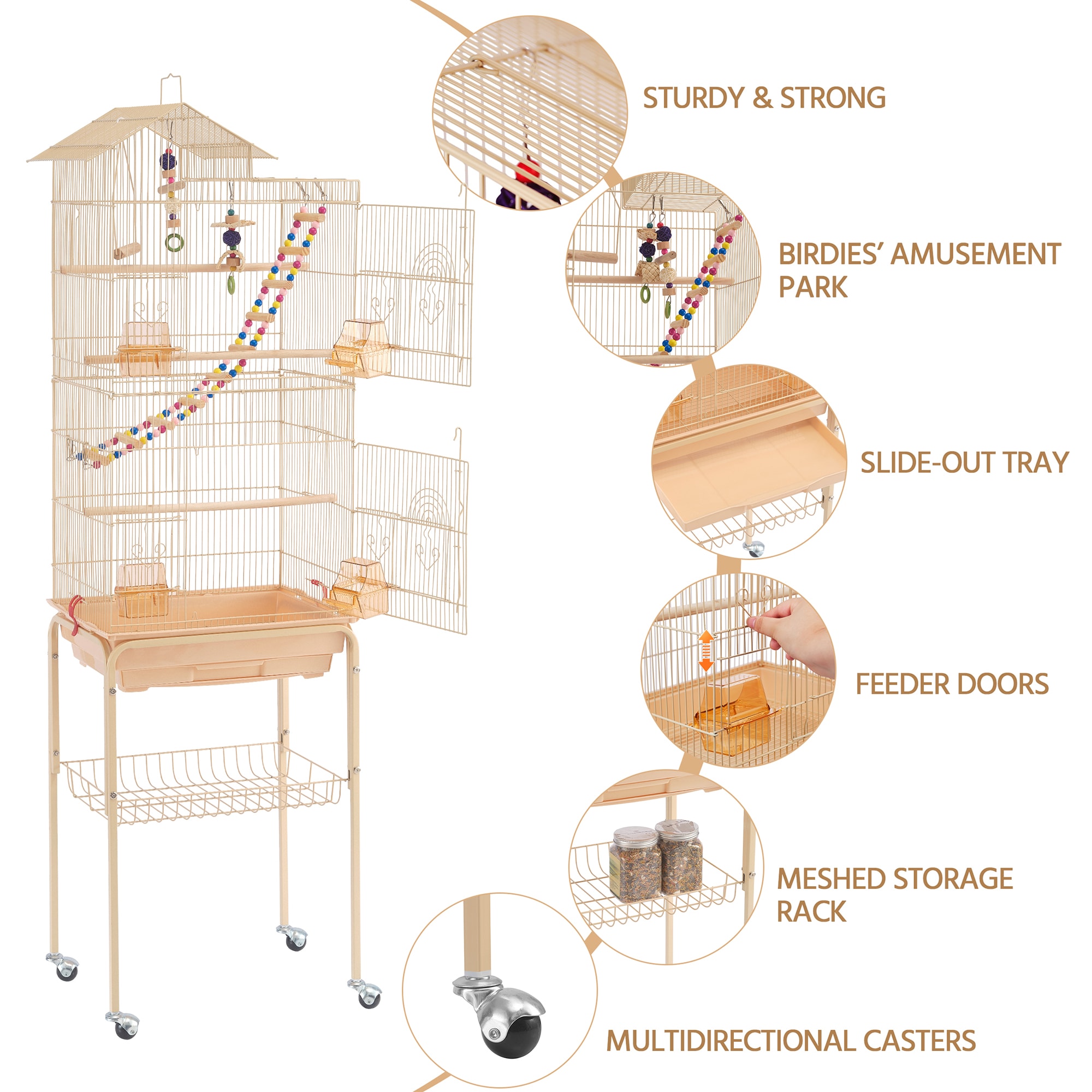 Topeakmart Almond Metal Bird Cage with Ladder Toy and Rolling Detachable Stand, 62.4" H