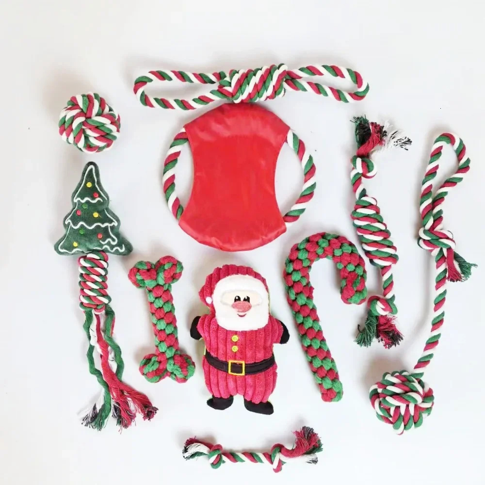 Christmas Dog Toy Pet Cotton Rope Knot Interactive Dog Toys Ball for Puppy Chihuahua Large Dogs Toothbrush Chew Dog Accessories 241125