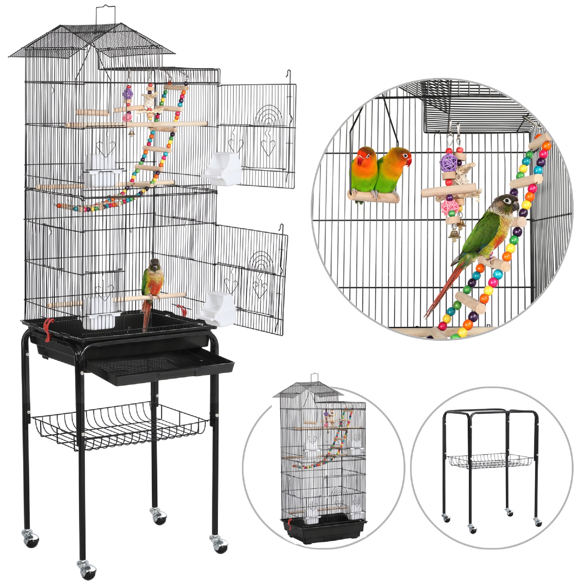 Topeakmart Black Metal Bird Cage with Ladder Toy and Rolling Detachable Stand, 62.4" H