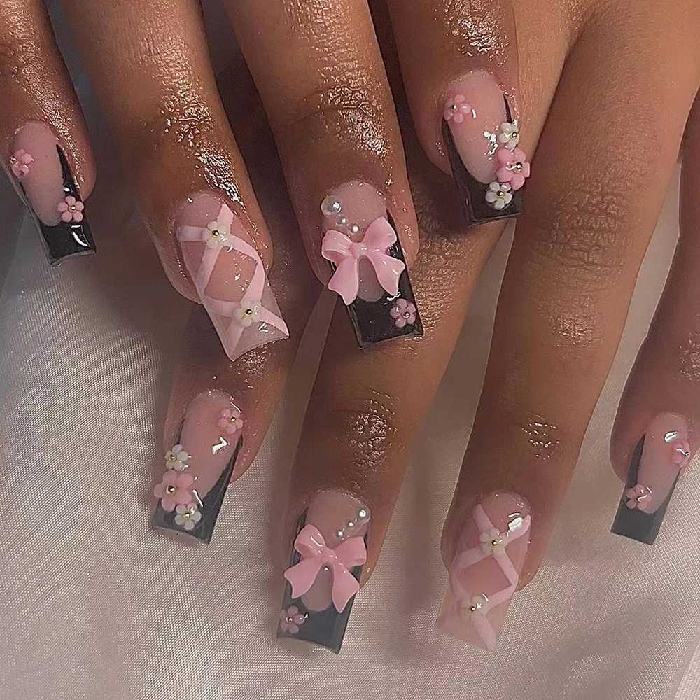 24 pieces of short and medium fake nails pink square nails 3D bow design Y2K pressed nails suitable for women and girls reusableW241125