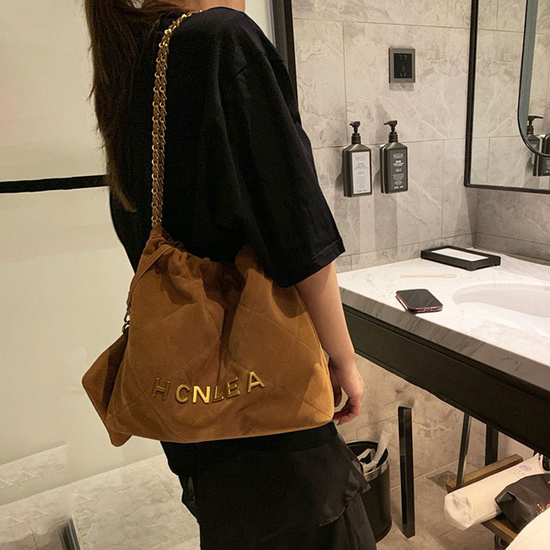 Women Genuine Leather Large Capacity Chain Ed Plaid Tote Suede Armpit Bucket Bag String