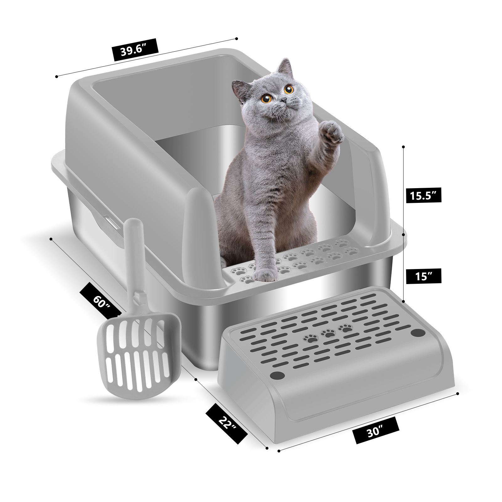Oversized Deepen Semi-Enclosed Cat Litter Box Stainless Steel Cat Litter Tray Stainless Steel Cat Toilet Potty Litter Pan