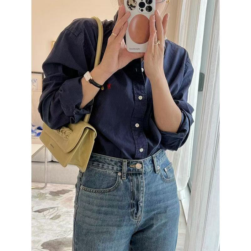 Womens shirts Spring and autumn long polo shirt designer brand classic embroidery war horse lapel long sleeve shirt fashion casual loose large size white shirt top