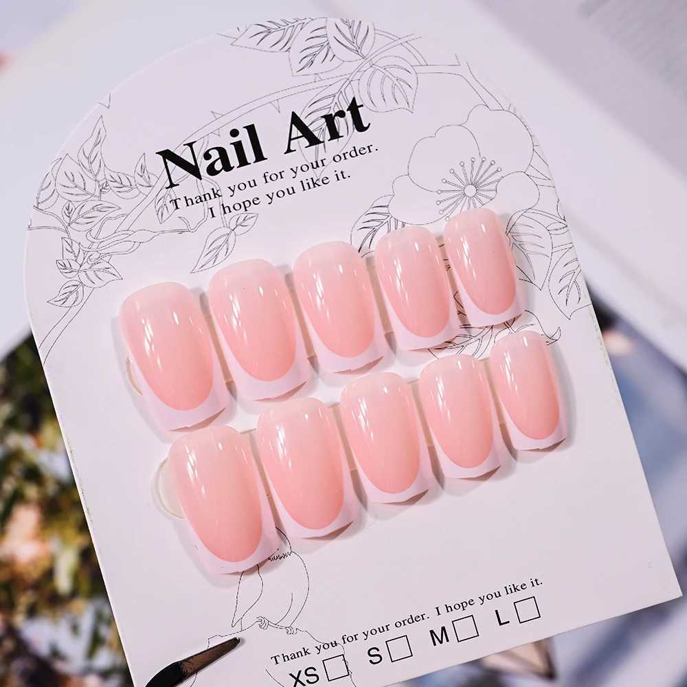 24 pieces of nude pink French short square French nails white pointed ice transparent pressed nails fully covered elegantly wearing fake nailsW241125