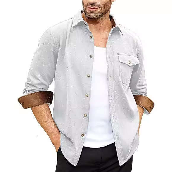 Autumn And Winter New Long Sleeved Plain Collar Daily Vacation Solid Color Men's Shirt B4