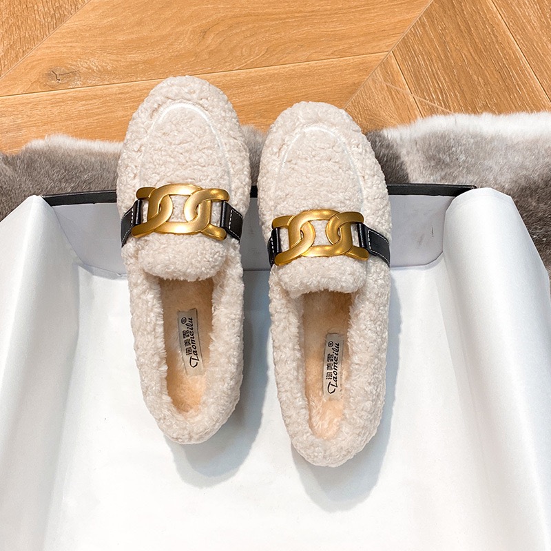 2023 Flats Brand Chain c72fa Women Wool Fur Winter Cotton Loafers Big Size 34-43 Warm Plush Mocasines Mink Hair Boat Shoes Femme