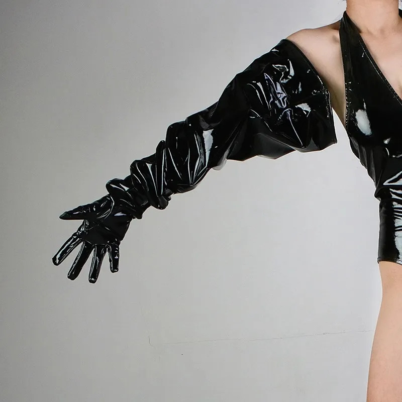 Womens Fashion Wide Sleeve PU Leather Glove Female Spring Autumn Winter Driving Pograph Performance Party Glove 85cm R1270 241125