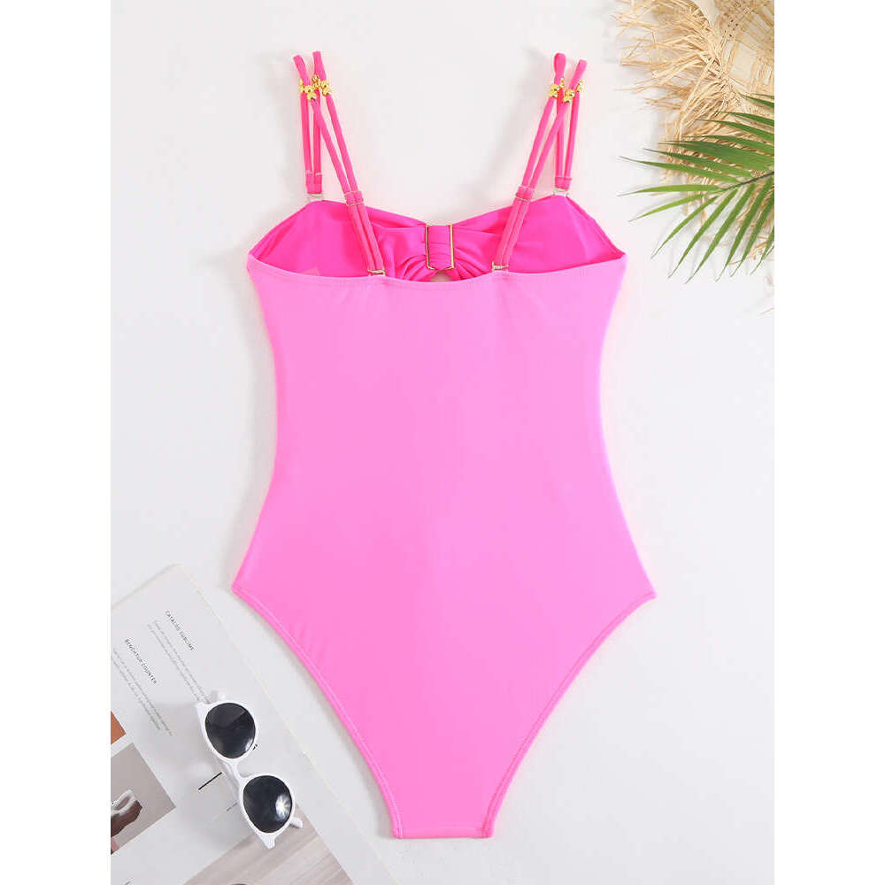 Elegant Color Blocking One Piece Swimsuits 2024 Woman Sexy Hollow Out Bikini Swimwear High Waisted Backless Pink Bathing Suit