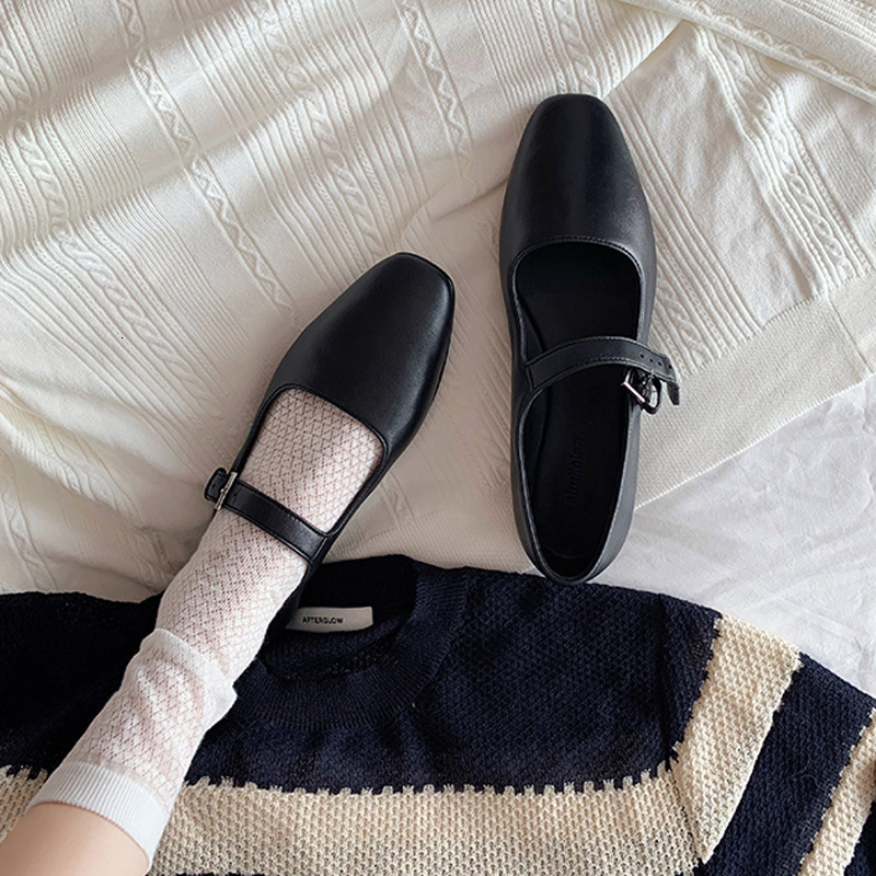Sheepskin Edition~Square Head Mary Jane One Button Versatile Black Flat sole Single Shoes Women's Soft Leather Shallow Mouth Flat sole Small Leat