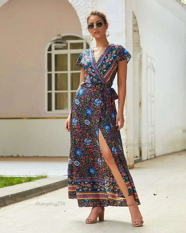 Sexy V-neck Split Floral Maxi Dress Boho Casual Long Chiffon Summer Beach Dress Women Beauty Vestidos