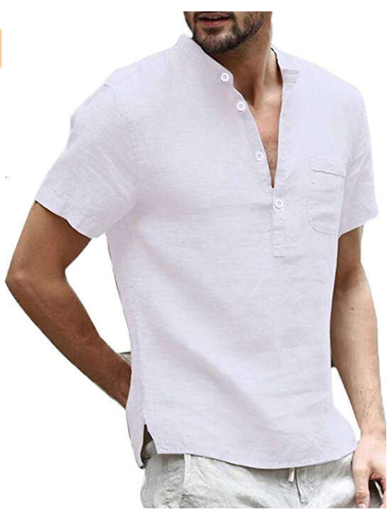 Summer New Cotton En Short Sleeved Men's T-Shirt Stand Up Collar Button Half Open Simple Shirt For Sports And Leisure B3