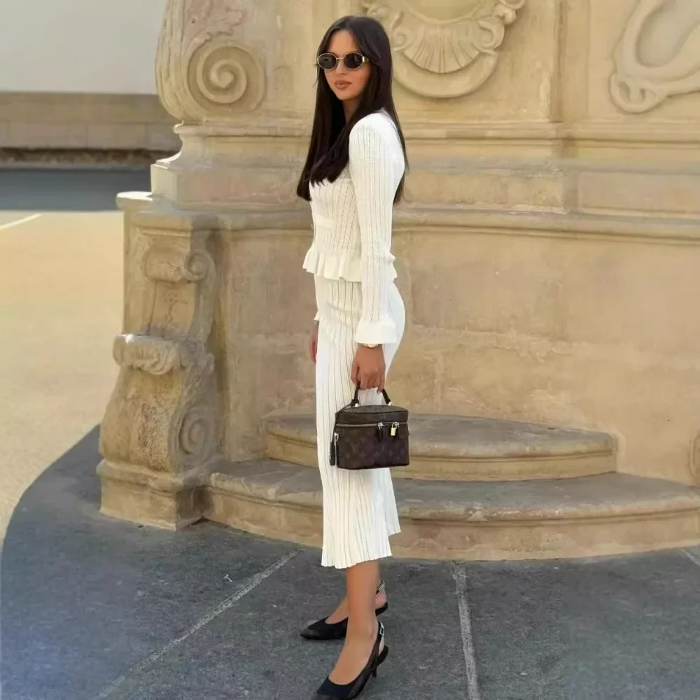 Elegant Knitted Skirt Sets Women Fashion Ruffle Sweater and Midi Outfits Autumn Winter Long Sleeve Slim Party Two Piece Set 2024 241125