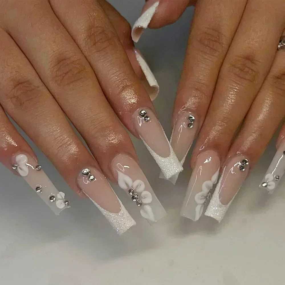 24 pieces of long ballet dancer fake nails pressed snake shaped nails with Rhinestone French fake nails wearable white nail tipsW241125