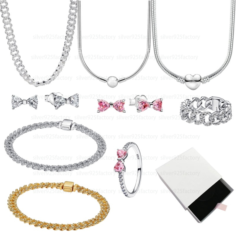 designer necklaces with box Cuban Chain designer bracelet for womens 925 silver Sparkling pink Bow Diamond Charm earrings rings Bracelet set Christmas Jewelry gift