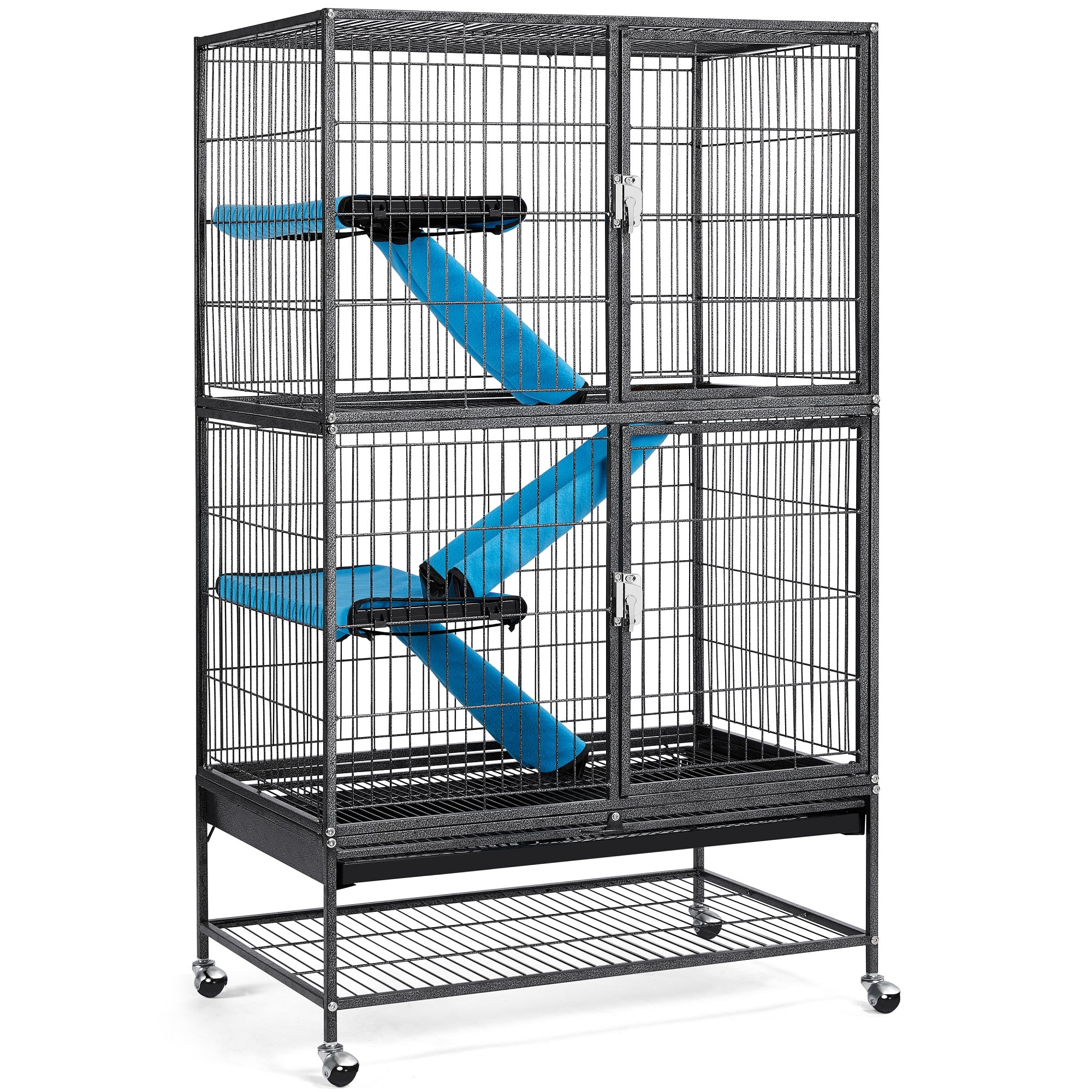 Topeakmart Hammered Black Rolling Metal Small Animal Cage with Removable Ramp, 31" L X 20" W X 54" H