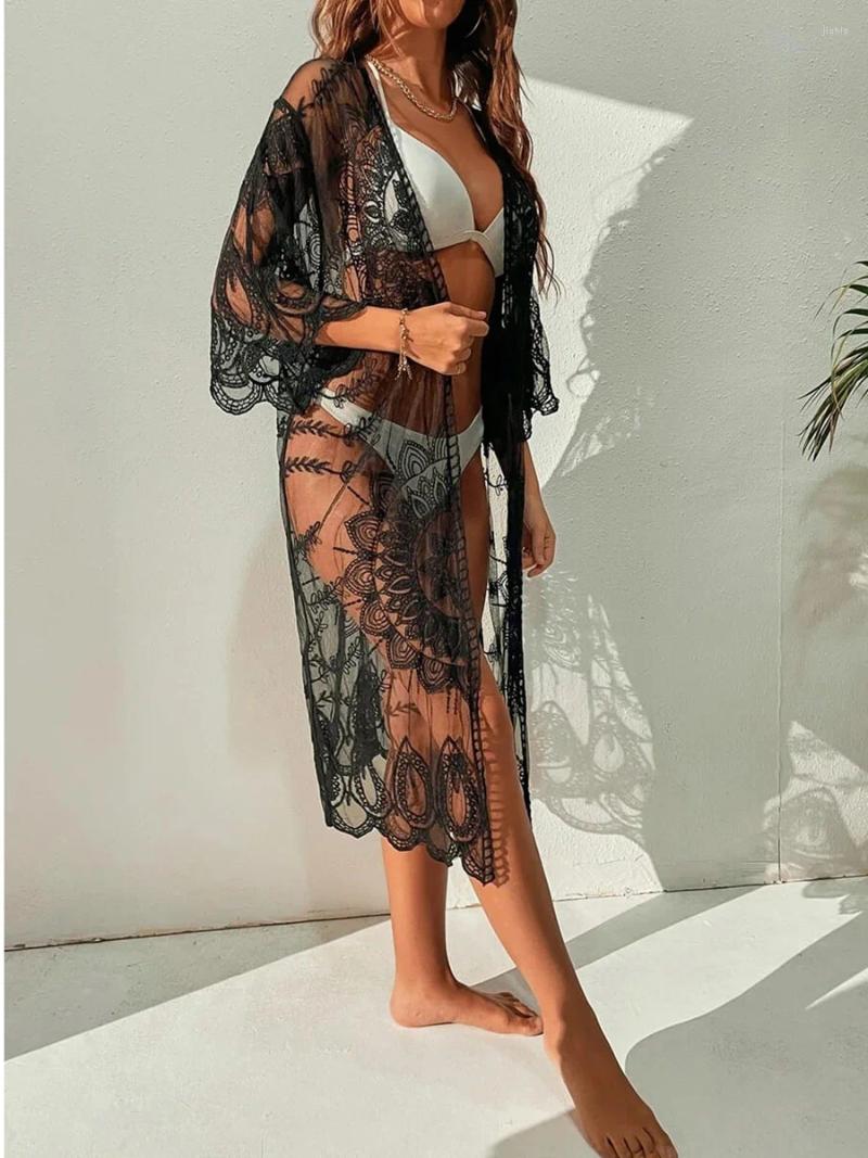 Women Lace Cardigan Bikini Cover-Ups Floral Crochet Sheer Beach Long Open Front Kimono Swimwear Sunscreen Clothes