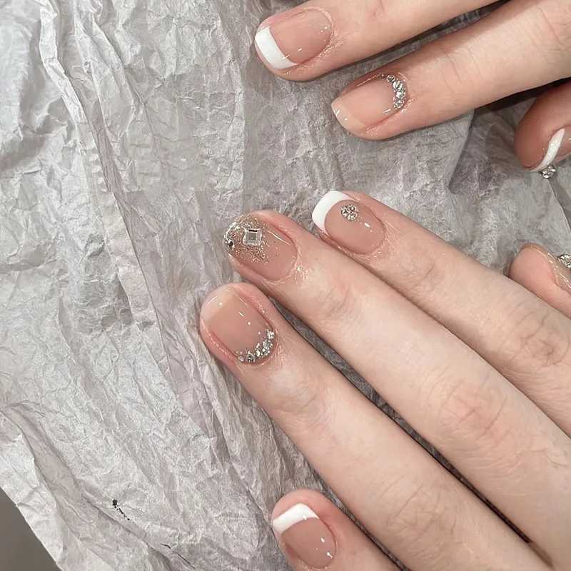 24Pcs Glitter Diamond Press On Nails B Pink Cat Eye Fake Nails Sweet Cute Coffin Full Cover Short Square False Nail Tips ArtW250120