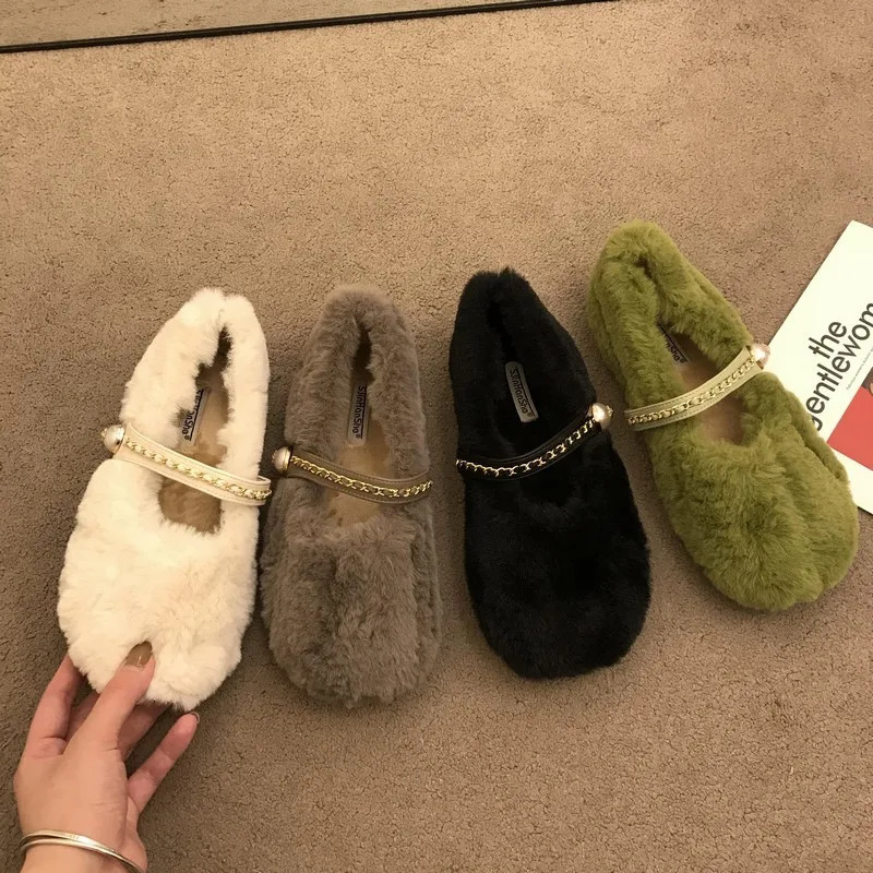 Fur Flats Women Shoes Fashion Mary Janes Shoes Women Warm Plush Loafers Women Fashion Cotton Shoes Femme 241125