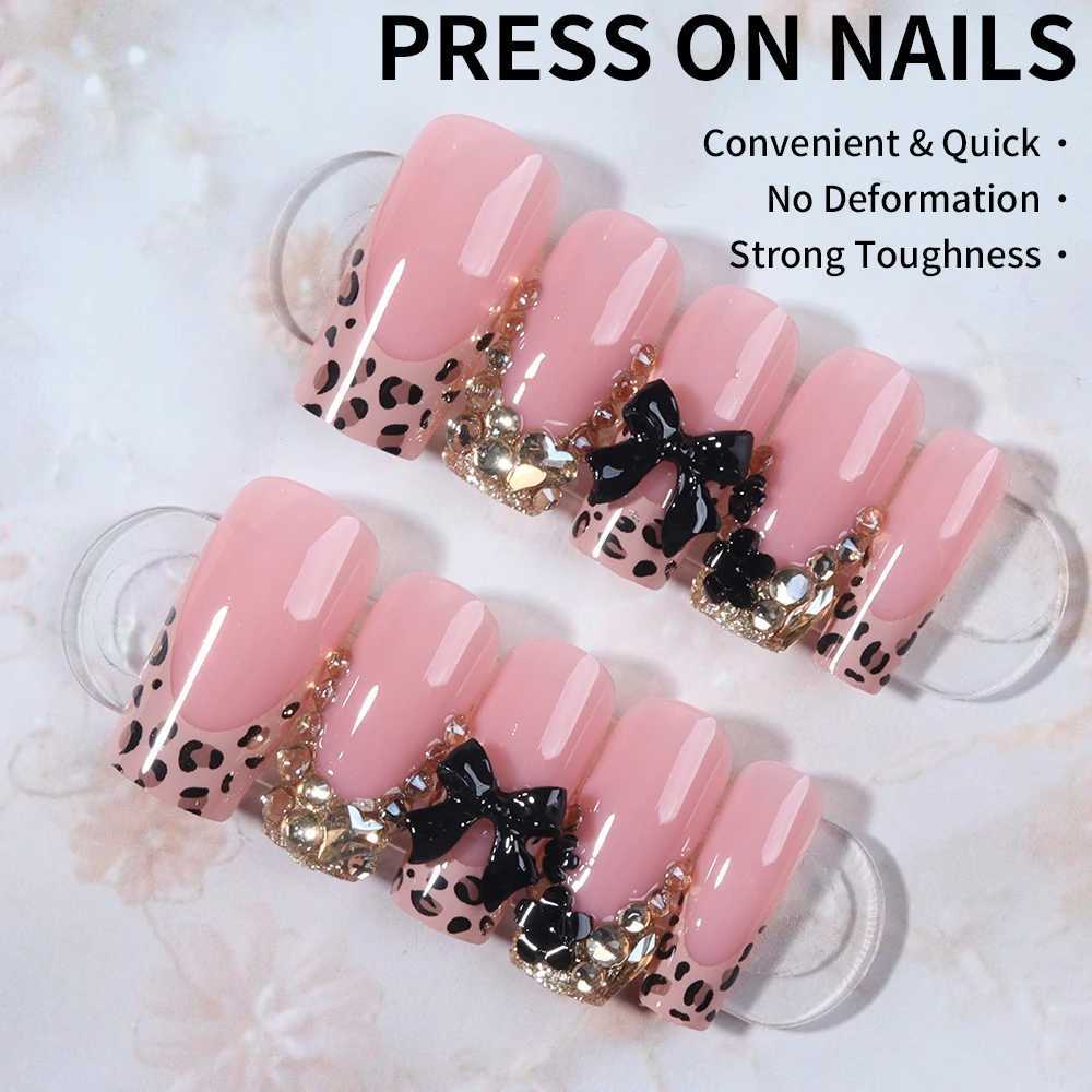 24 rectangular nails sparkling diamond jewelry black ribbon decoration leopard print fake nailsW241125