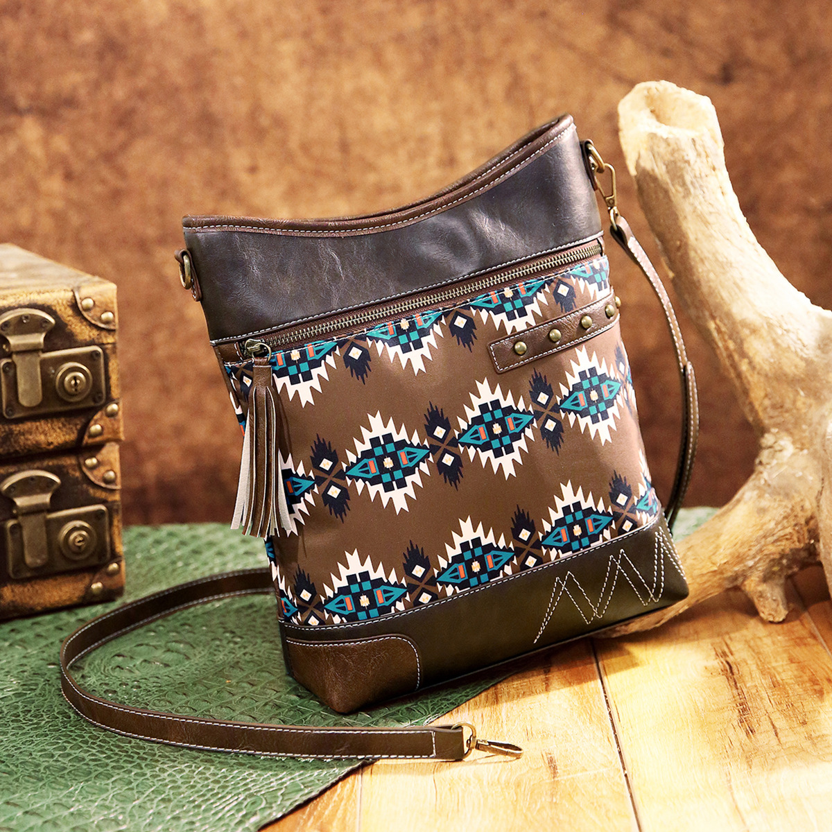 Vintage cross-border Amazon printed twill tarp crossbody bag for women Bohemian Aztec denim