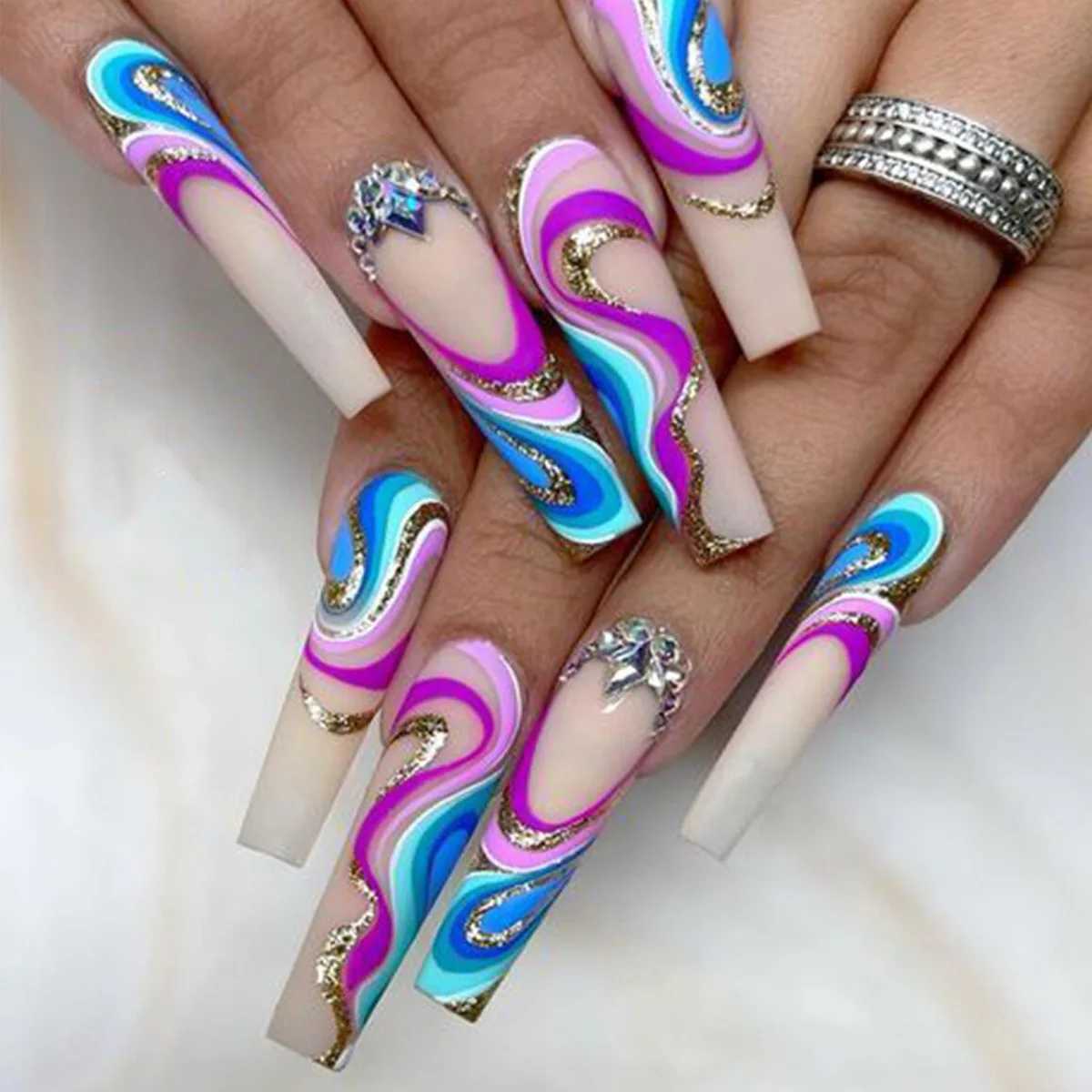 24 pieces of gradual blue pressed false nails Long coffin false nails Gold foil rhinestone Ballet design wearable French ergonomicsW241125