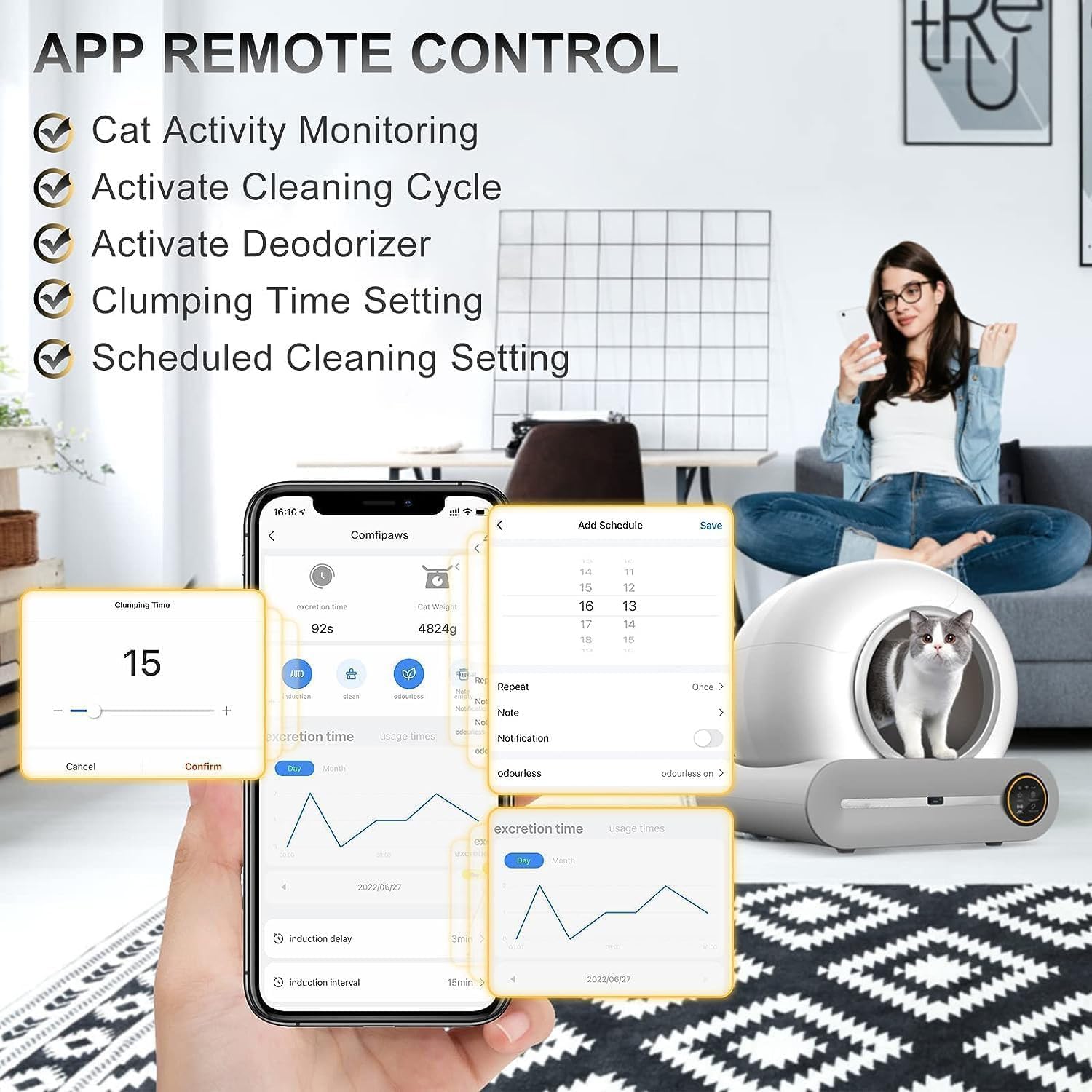 Smart Automatic Cat Toilet 65L Large Capacity Self-Cleaning Cat Litter Box APP Controlled with Tofu Bentonite Clay Material