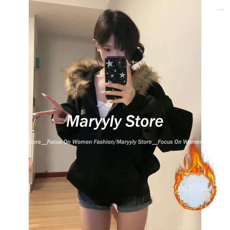 Women's Hoodies Autumn Winter Women Black Zip Up Vintage Korean Preppy Style Faux Fur Coat Oversized Casual Sweatshirt Haruku Jacket