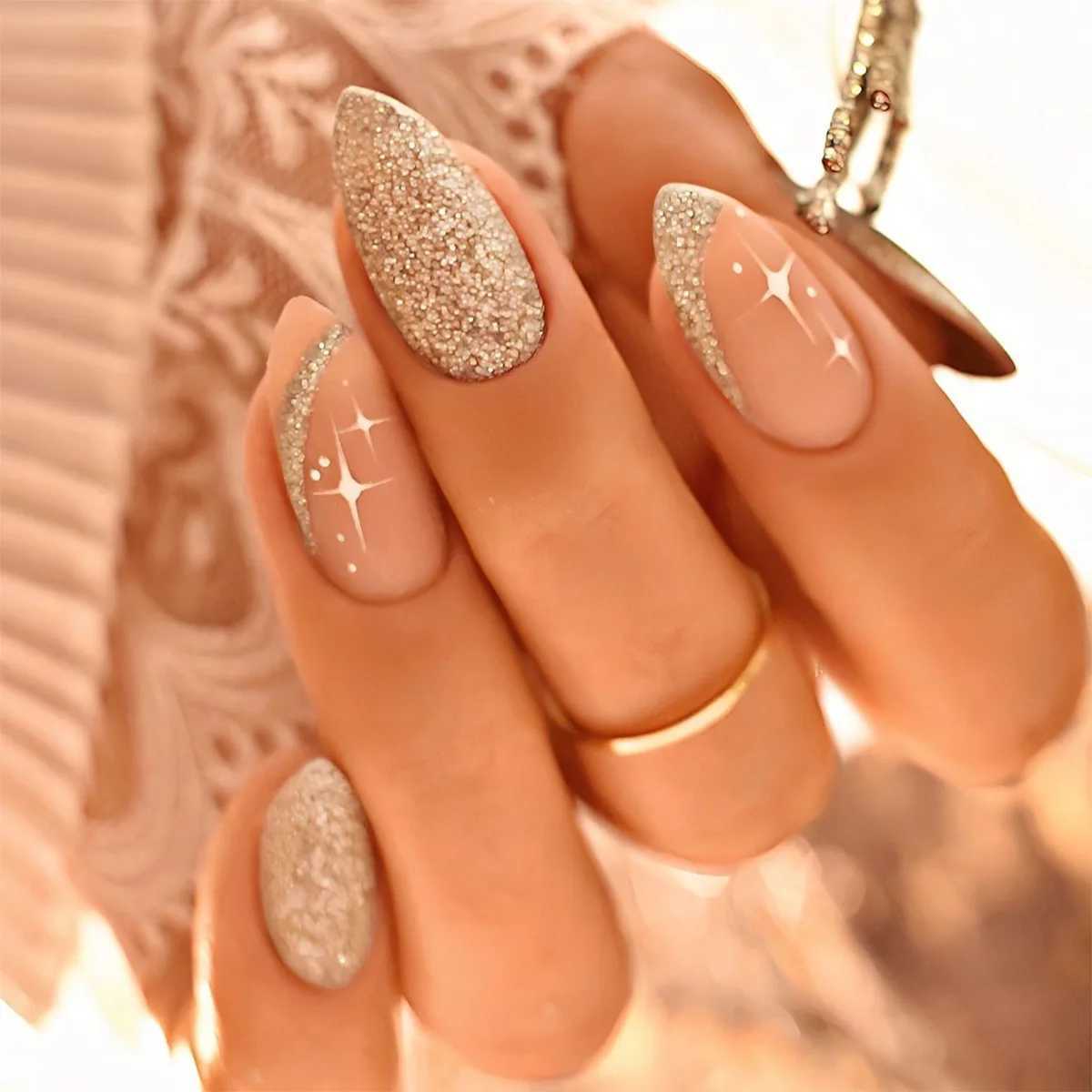 24pcs almond fake nails long French fake nails wearable leaf design nail round head on press fully covered nail tip completedW241125