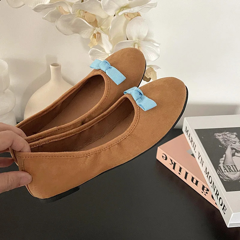Elegant Bowknot Ballerina Women Flats Round Toe Comfort Slip-On Ladies Loafers Suede Single Mules Shoes for Woman Mary Janes 241125
