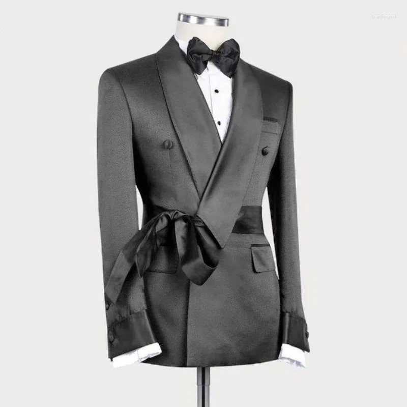 Men's Suits Fashion Shawl Lapel Men Jacket With Belt Elegant Solid Prom Party Banquet Coat Slim Formal Chic Groom Wedding Tuxedo Blazer