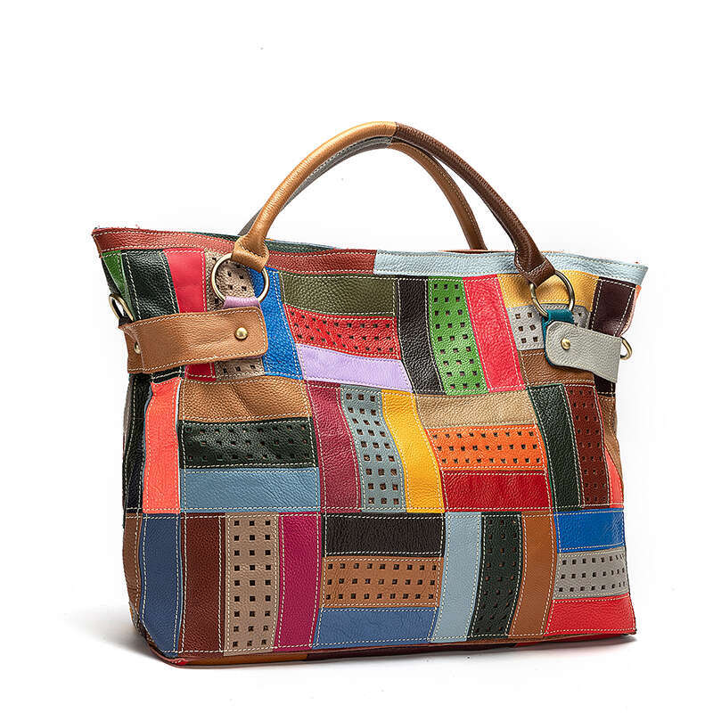 New Multi-Color Soft Natural Leather Ladies Patchwork Large Shopper Handbag Shoulder Women Design Female Tote Bag 355