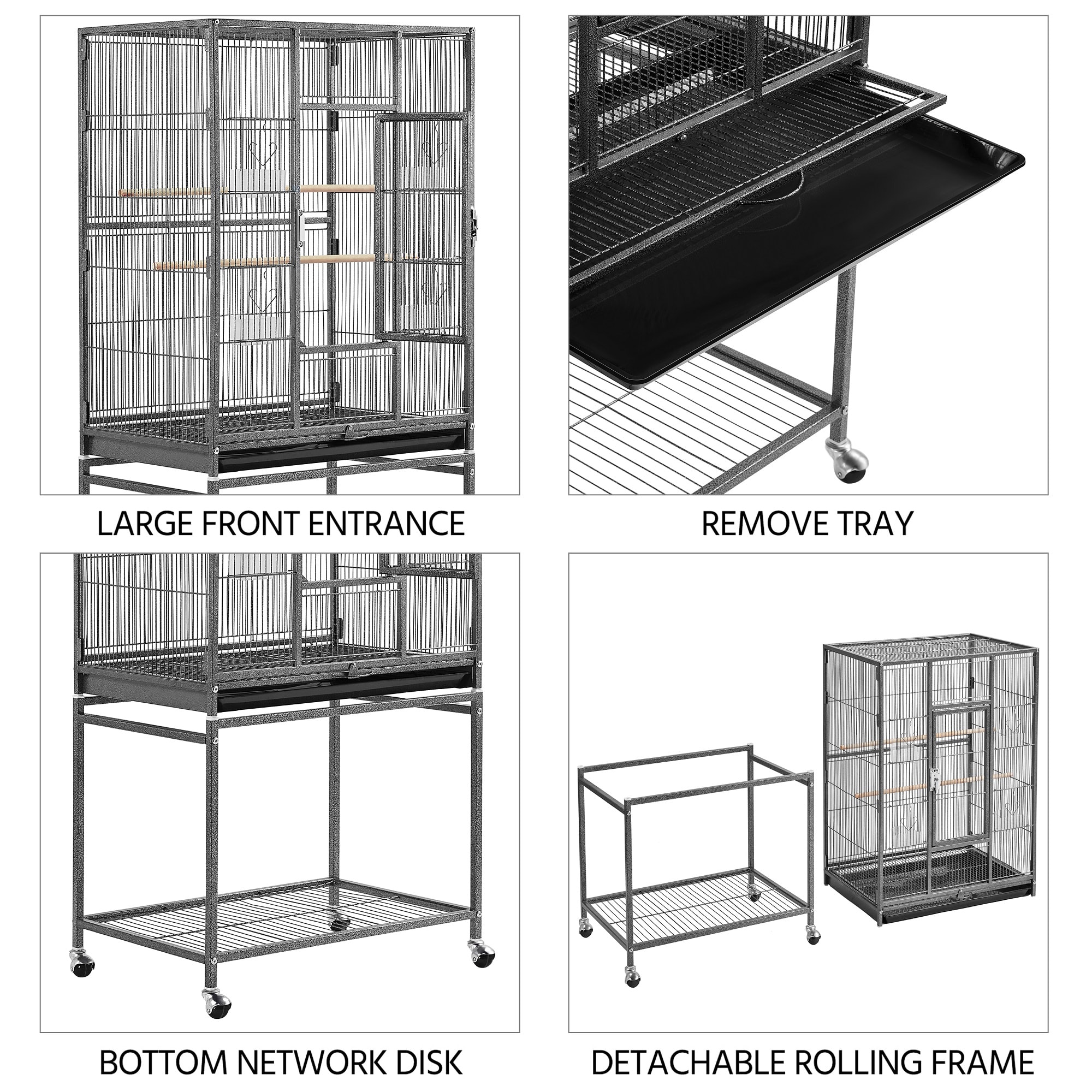 Topeakmart Hammered Black Metal Bird Cage with Rolling Detachable Stand, 53.5" H