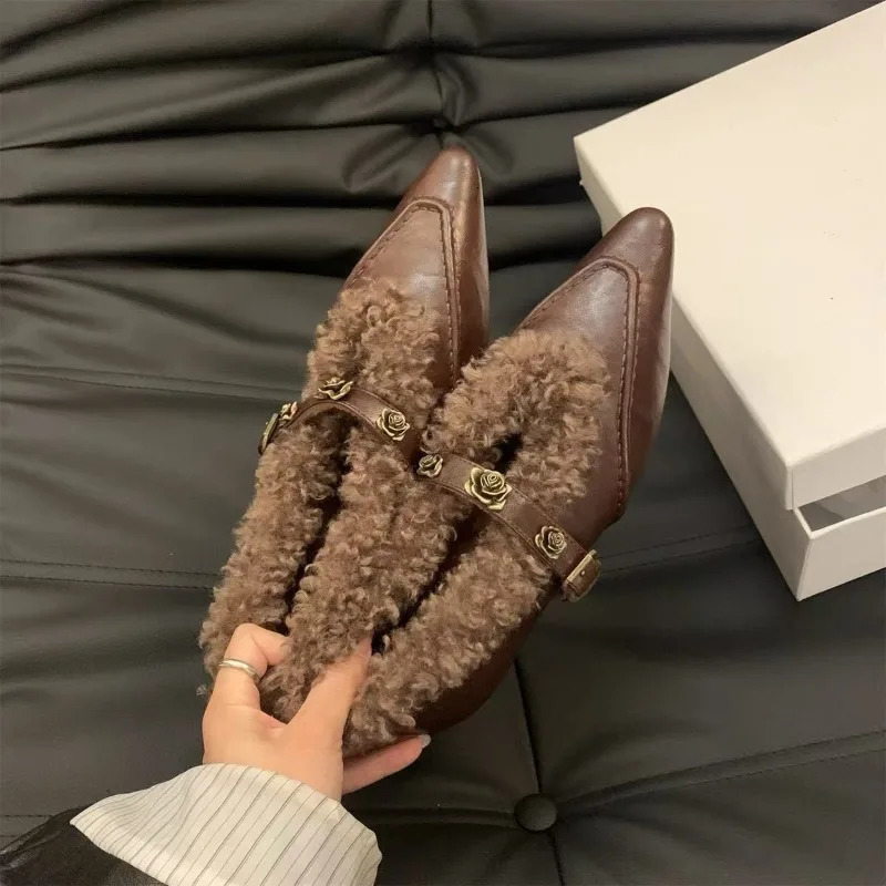 Mary Jane Cotton Shoes Pointed-toe Fur Womens Pump Increased Height Shallow Mouth Rose Buckle Womens Shoes 241125