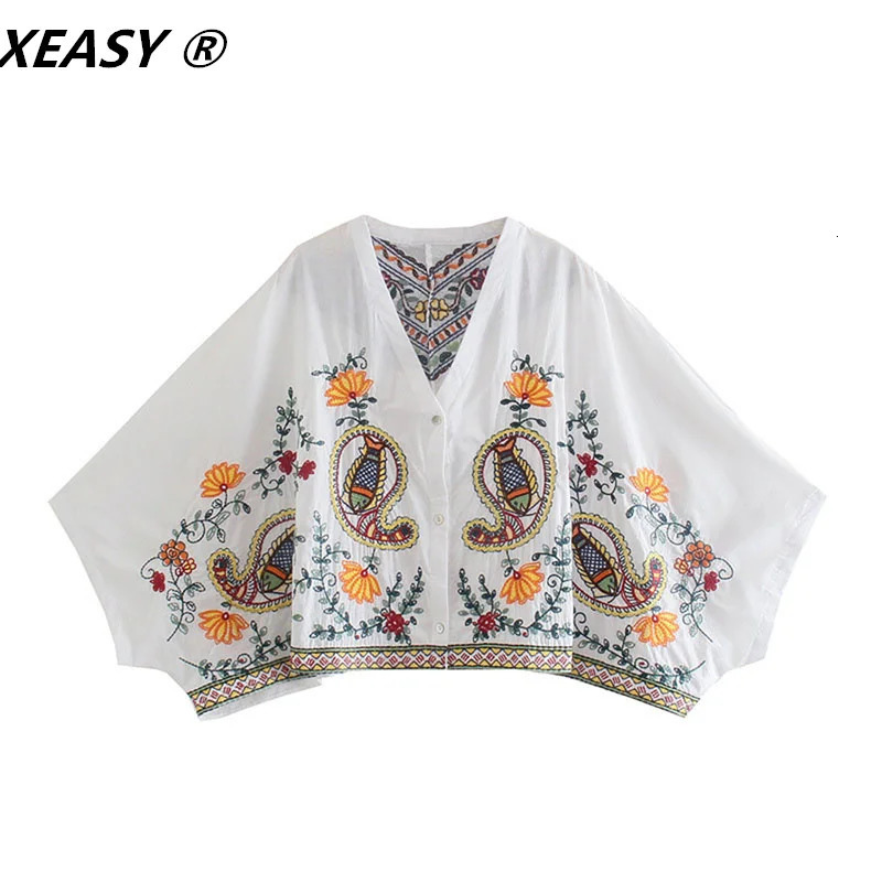 XEASY Women Fashion 2Piece Set Vintage Flowers Batwing Sleeve Embroidered Shirt Female High Waist Mini Skirt Sweet Suits 240423