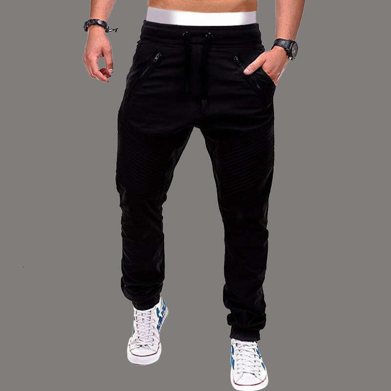 New Men's Casual Fashionable Drawstring Elastic Sports Pants With Double Zippers And Striped Ankle Binding Workwear B1