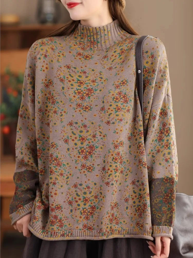 Johnature Women Pullover Sweaters Mock Neck Long Sleeve Patchwork Print Floral Spring Knitted Cotton 241122