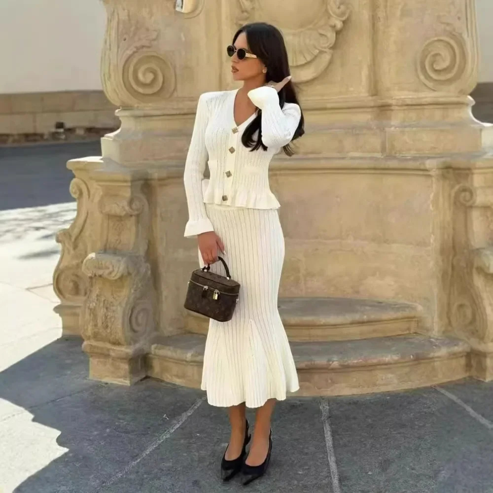 Elegant Knitted Skirt Sets Women Fashion Ruffle Sweater and Midi Outfits Autumn Winter Long Sleeve Slim Party Two Piece Set 2024 241125