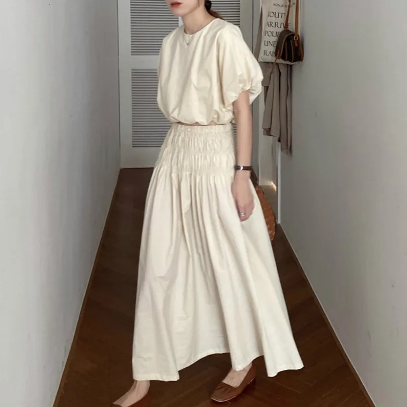 Oversized Summer Vintage 2 Two Piece Skirts Sets Women Outfits Puff Sleeve Crop Top and Elastic Waist Pleat Long Aline Skirt 240423