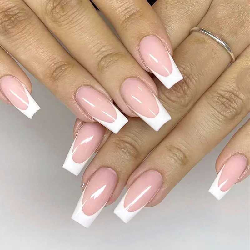 24Ps/set of fake nails art wearable long ballet fake nails acrylic pressure nail full cover detachable white border French fake nailsW241125