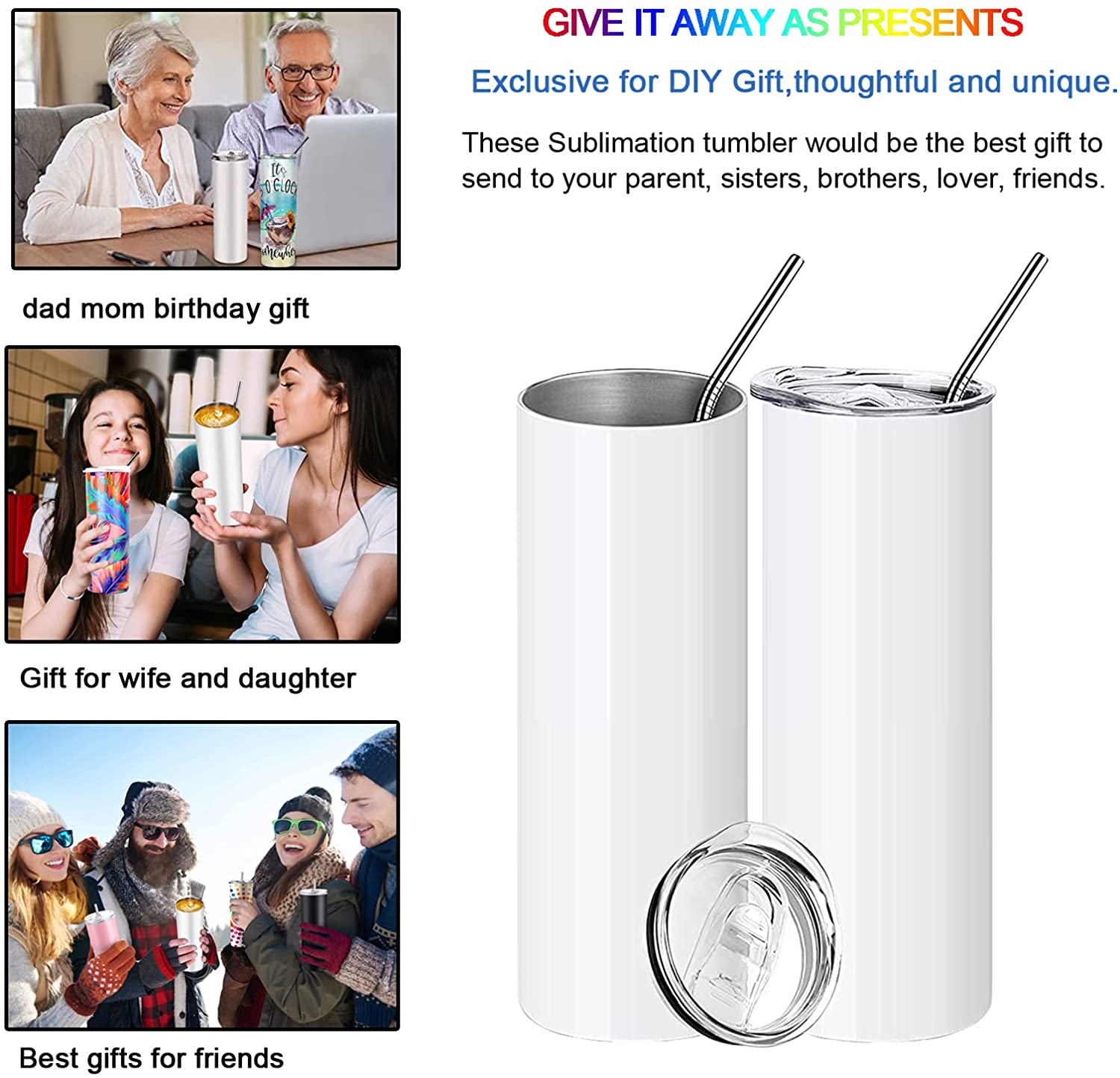 US CA Warehouse 25Pcs/Carton 20Oz Sublimation Tumblers Straight Blan White 304 Stainless Steel Vacuum Insulated Slim DIY Cup Car Coffee Mugs Party Gif