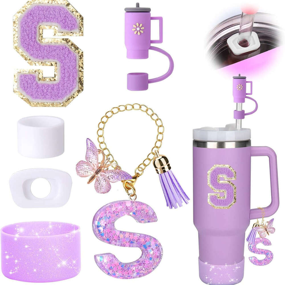 Purple 6-Piece Silicone Stanley Cup Accessories with Butterfly Glitter Letter Charms, Cup Sleeve, Letter Decals, and Straw Cap