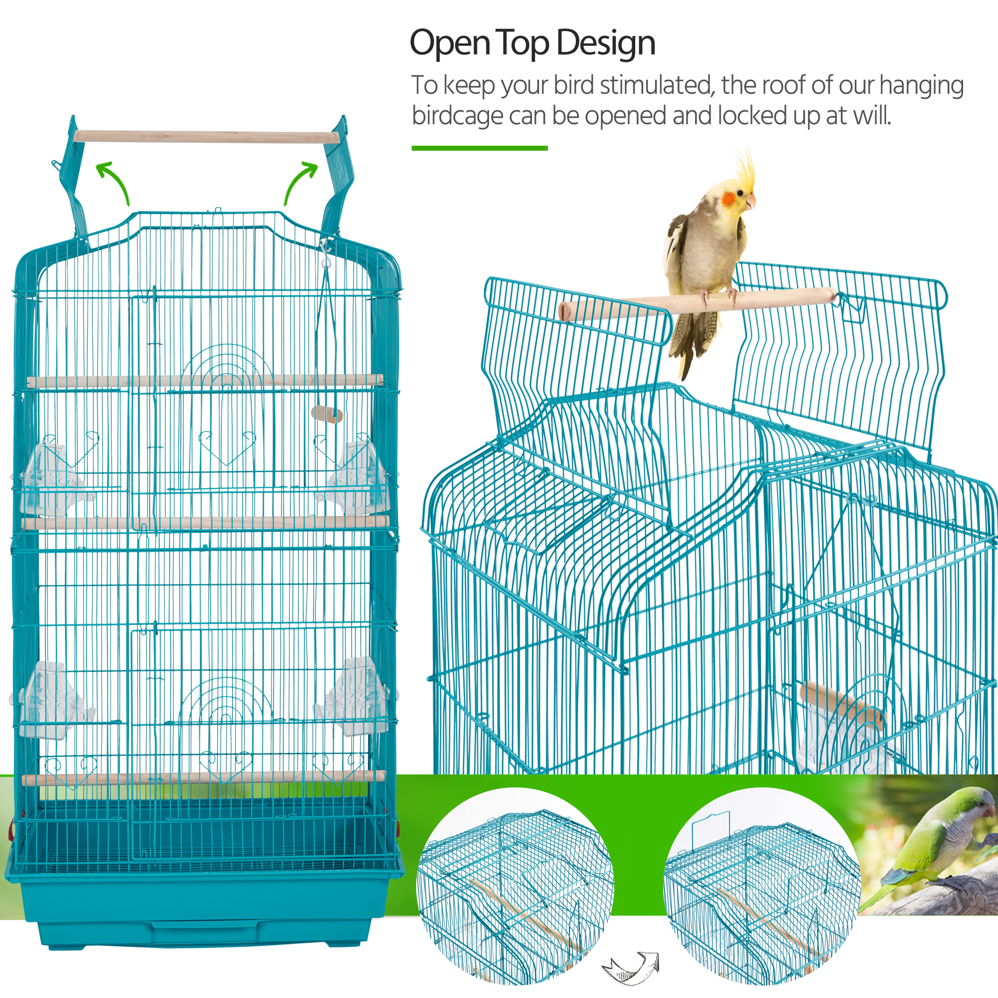 Topeakmart Teal Blue Open Top Metal Bird Cage, 41" H