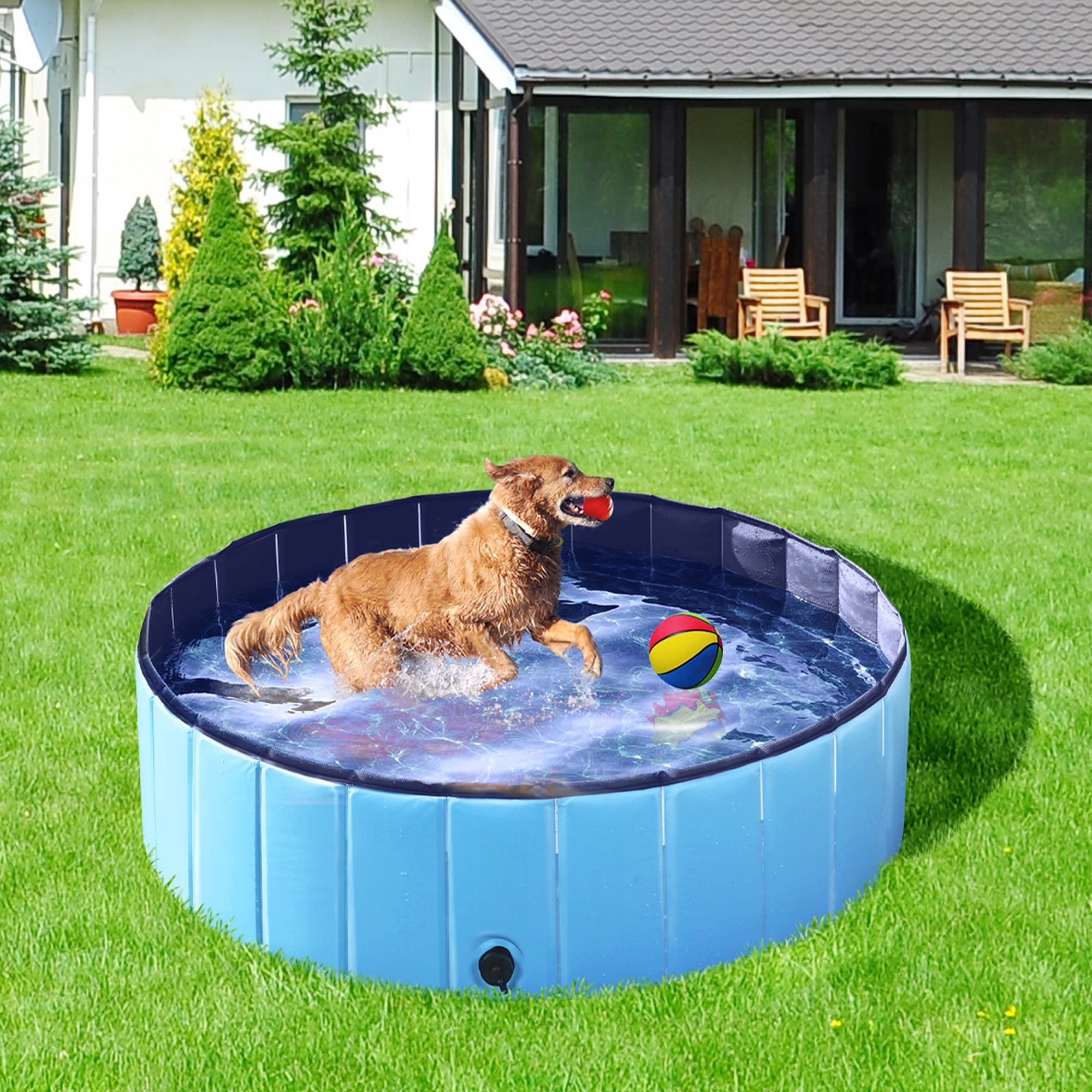 Topeakmart Blue Foldable Swimming Pool for Dogs, Large