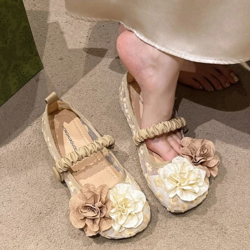 Flower Mesh Lace Flats Mary Janes Shoes Women Sandals Summer Dress Comfort Shoes Shallow Casual Zapatillas De Mujer 241125