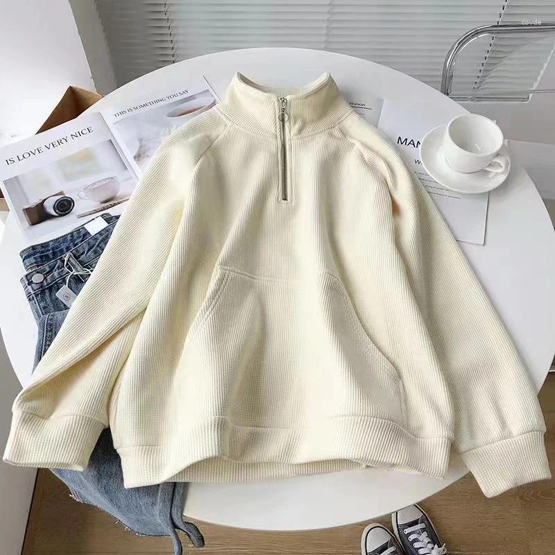 Women's Hoodies Fleece Stand Collar Women Pullover Pure Color Ladies Half Zipper Loose Winter Pocket Fashion Long Sleeves Sweatshirts