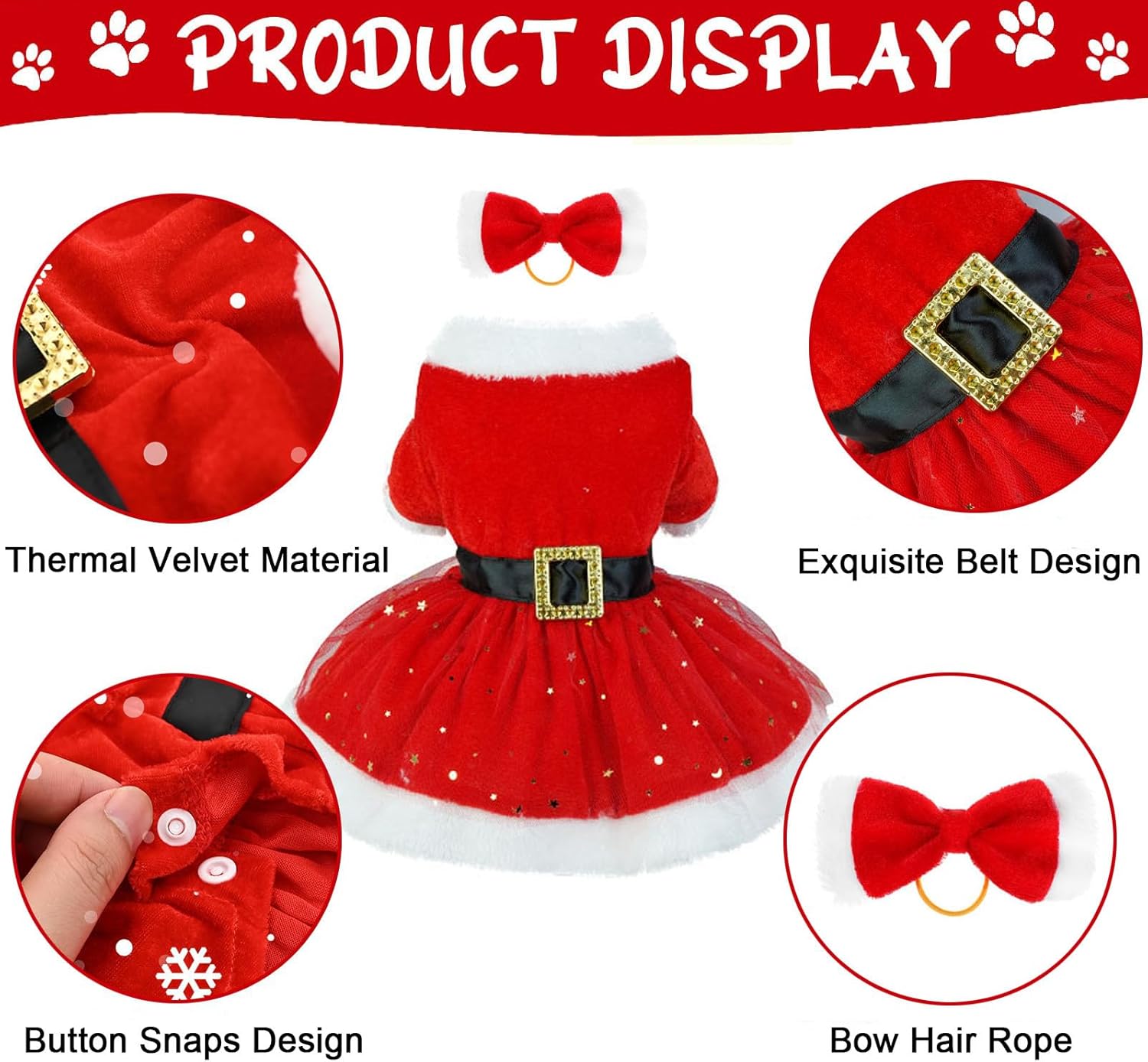 Christmas Dog Dress, Pet Christmas Costume Puppy Tulle Dress, Red Velvet Dog Skirt Santa Claus Outfit Xmas Clothing Winter Coat Cute Apparel